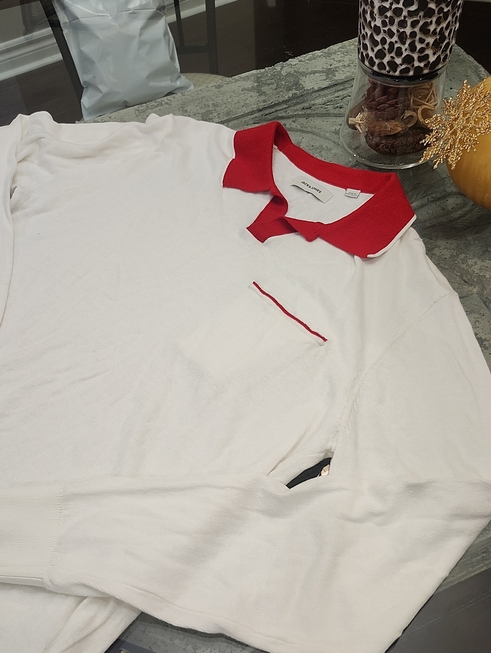 Jack And Jones White Knit Cotton Long Sleeve Pocket Polo shirt Large